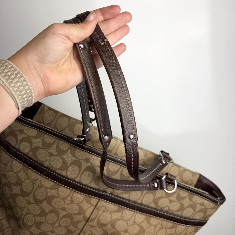 Coach Signature Stripe Diaper Bag Tote Brown Canvas Large Changing Pad